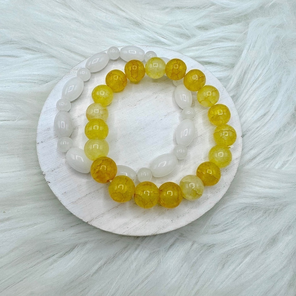 Celina Yellow Glass & White Rabbit Beaded Bracelet Duo